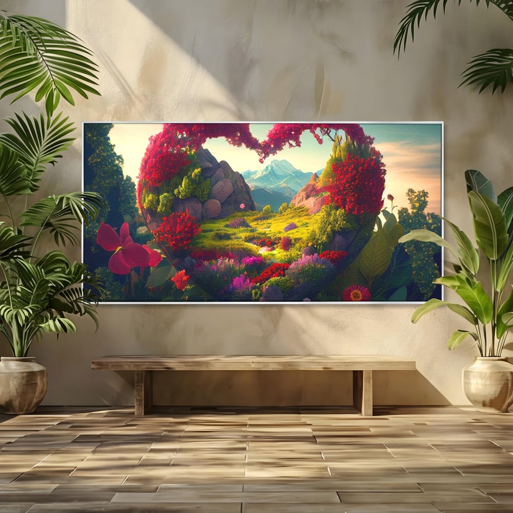 Tablou canvas cu ilustratie digitala peisaj in forma de inima, in rama de aluminiu argintiu